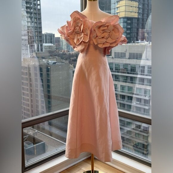 🆕 AJE 🧿 NWOT Etta Off Shoulder Linen Midi Dress, Pastel Pink - Sz AU 8 / Small - Picture 8 of 16
